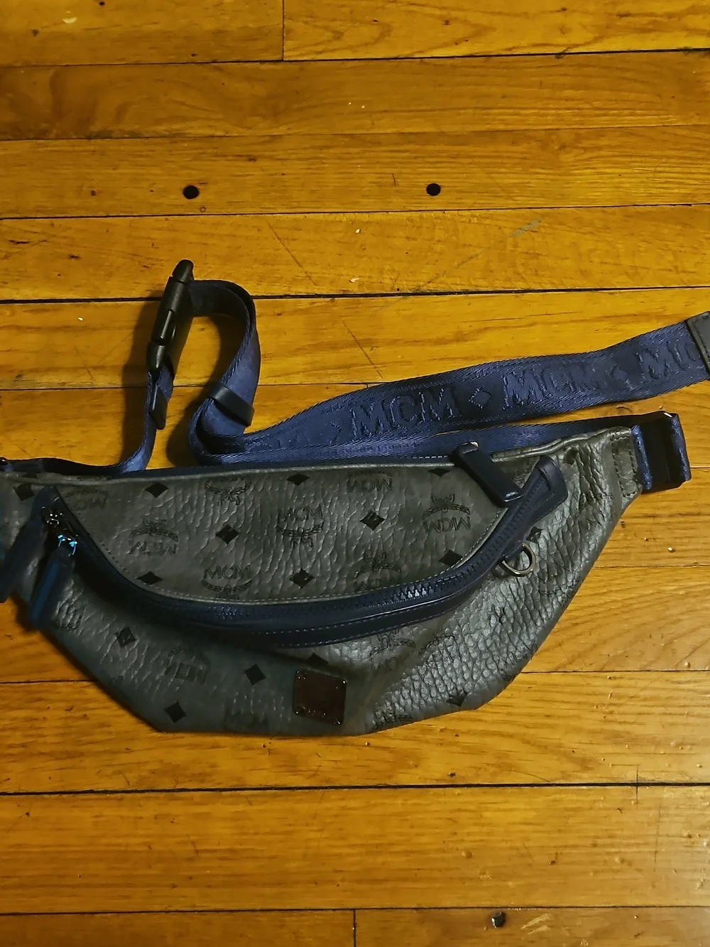 MCM Navy & Dark Grey Logo-Print Leather Belt Bag - Picture 2 of 9